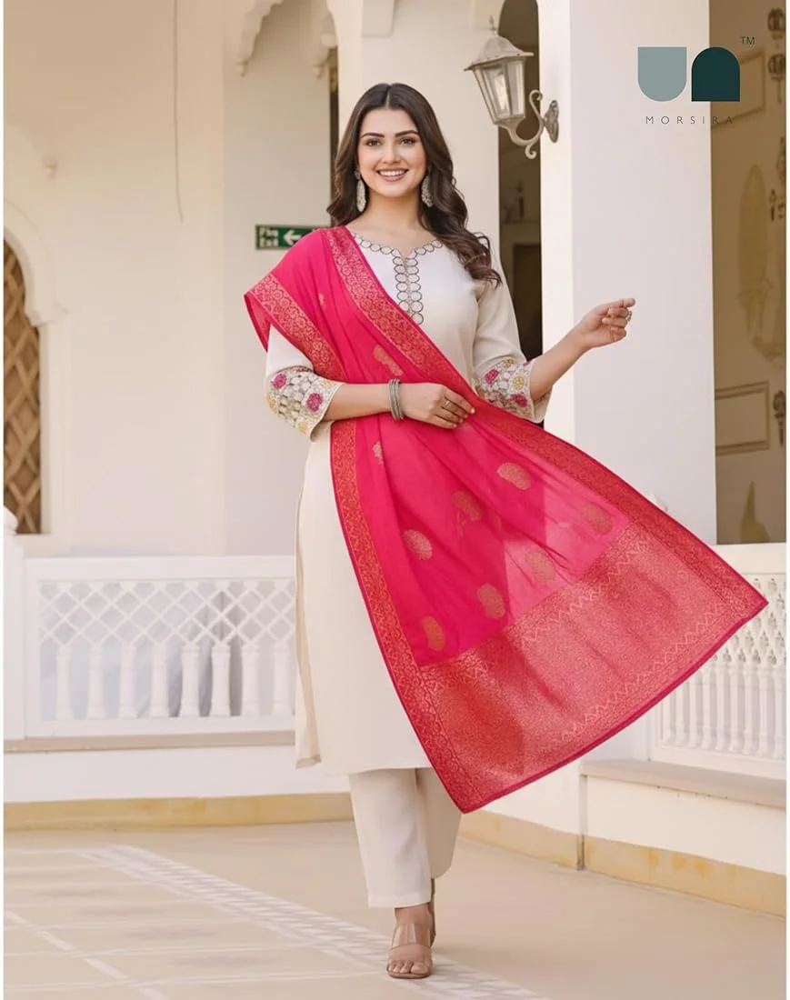 Elegant Cream Kurta Pant Set with Pink Banarasi Dupatta – Festive Ethnic Wear for Women